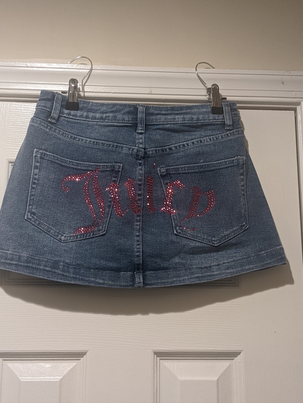 NWT Juicy Couture High Waist Denim Mini Skirt with Pink Rhinestone Logo